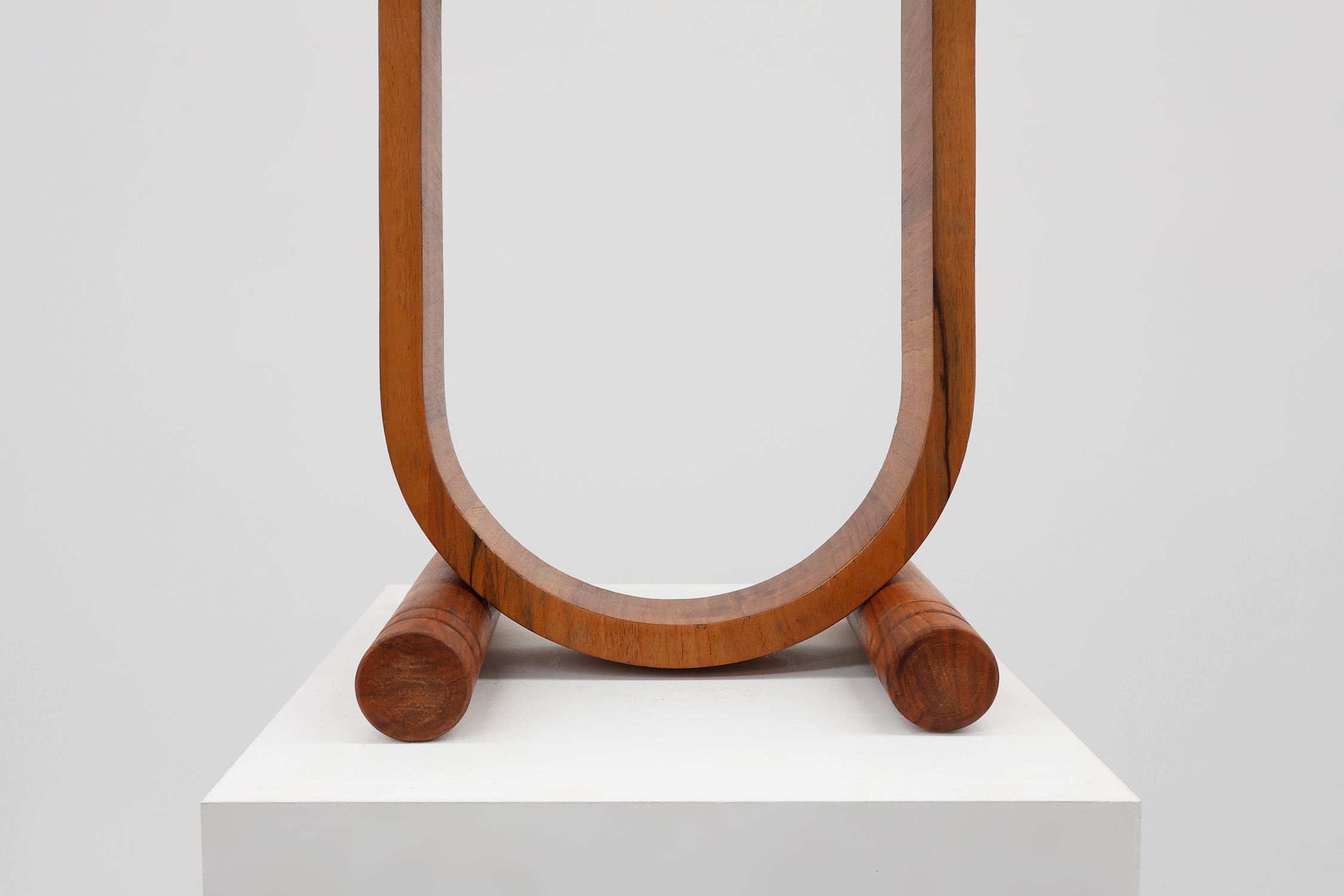 Art deco oak wooden round side table with bended leg, France 1920s  thumbnail
